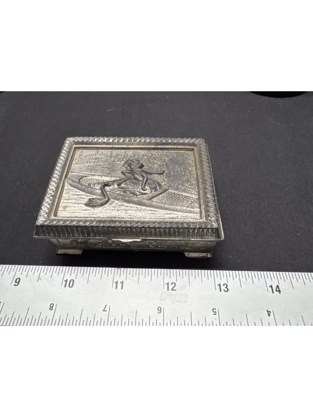 Vintage Silver-Plated Jewelry Trinket Box Embossed Lady & Swan Design Made In Ja